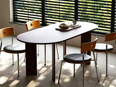 Modern Oval Dining Table Set with White Top Dark Legs and Four Wooden Chairs 3d model