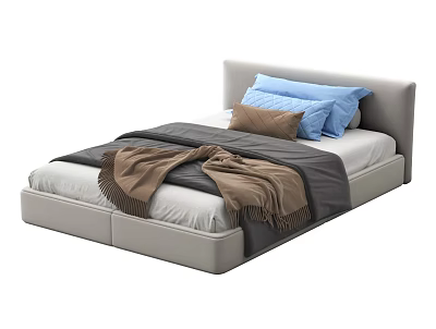 Modern Single Bed Design With Light Gray Headboard White Mattress And Blue Brown Pillows 3d model