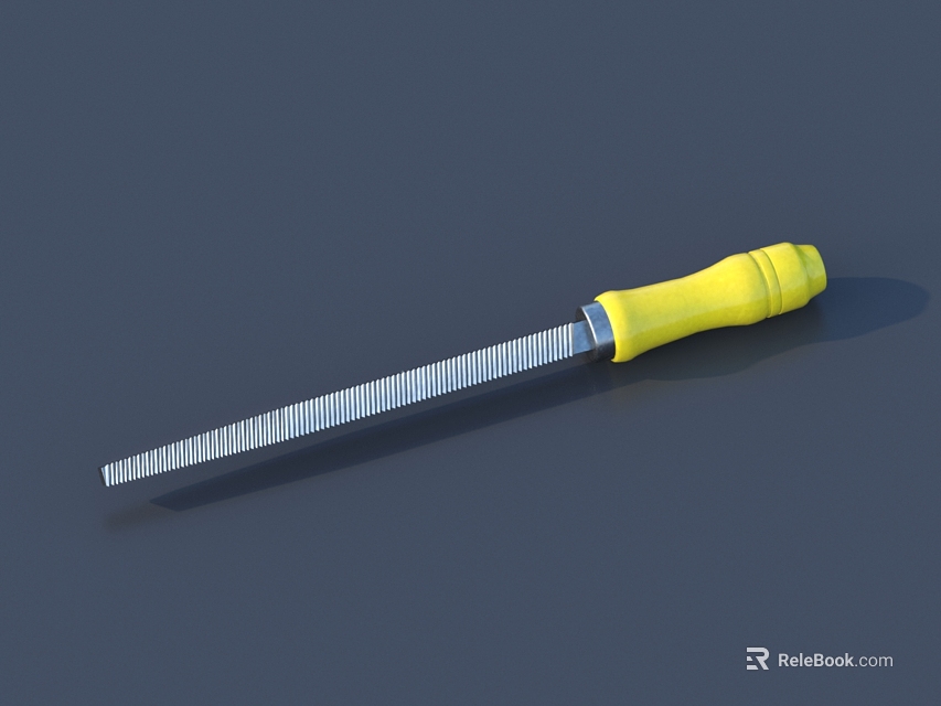 Metal File Hardware Tool With Yellow Handle And Sharp Metal Blade On Gray Surface 3d model 
