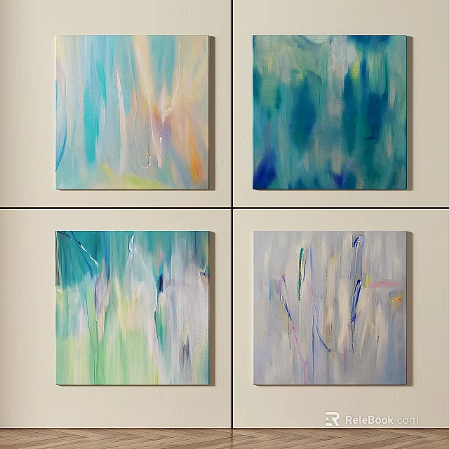 Abstract Paintings With Blue Green Soft Hues And Brushstroke Texture On Wall 3d model 
