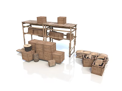 Rustic Wooden Storage Shelves With Crates Wicker Baskets And Display Units 3d model