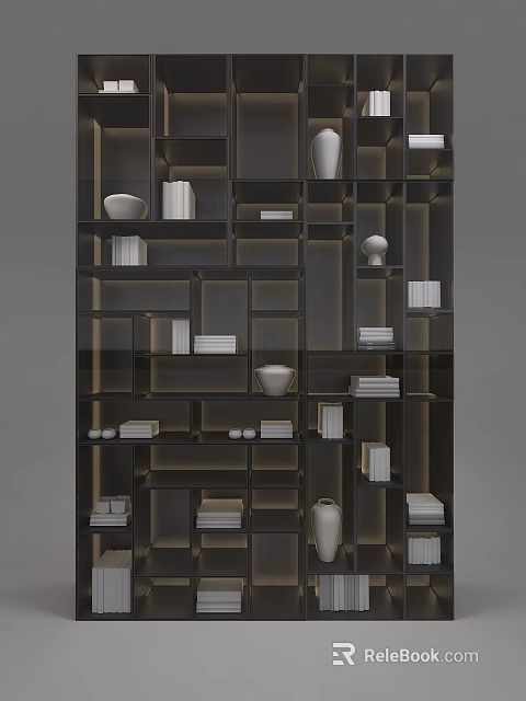 Modern Dark Display Shelf With Multiple Compartments White Bowls Vases And Books 3d model 
