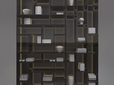 Modern Dark Display Shelf With Multiple Compartments White Bowls Vases And Books 3d model