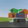 Colorful Container Built Modern Detached Villa Featuring Multicolored Modules And Green Hedge 3d model
