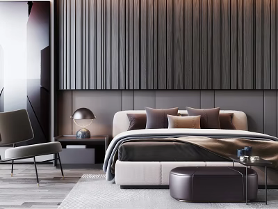 Modern Double Bed with Dark Vertical Wooden Slat Headboard Wall Nightstand Lamp Armchair and Rug 3d model