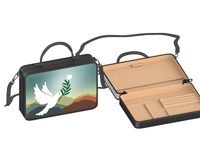 Fashionable Crossbody Leather Bag With White Dove Olive Branch Design Open Beige Interior Compartments 3d model