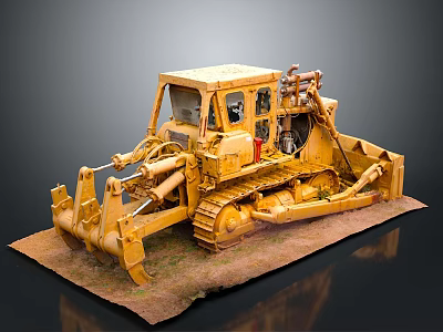Yellow Bulldozer Model With Tracks Cab Blade And Ripper On Brown Base Dark Background 3d model