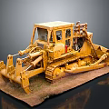 Yellow Bulldozer Model With Tracks Cab Blade And Ripper On Brown Base Dark Background