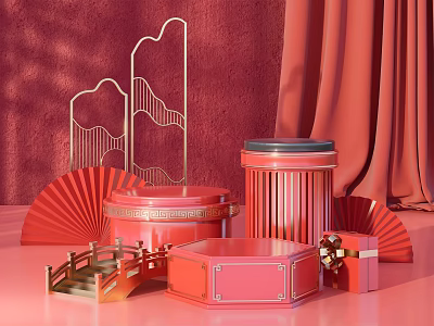 Red and Gold Chinese Style Gift Boxes on Elegant Display Stands 3d model