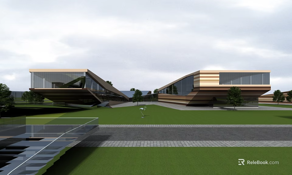 Modern Museum Building Design With Sloped Roof Glass Facade And Green Lawn 3d model 