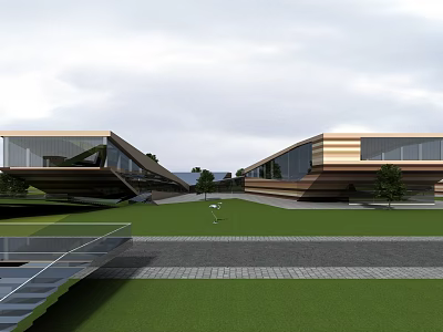 Modern Museum Building Design With Sloped Roof Glass Facade And Green Lawn 3d model