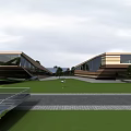 Modern Museum Building Design With Sloped Roof Glass Facade And Green Lawn
