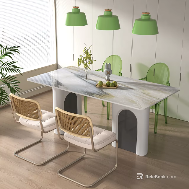 Modern Dining Table Set With Marble Top Rattan And Green Transparent Chairs Green Pendant Lights 3d model 
