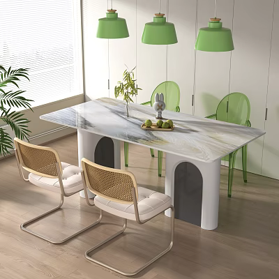 Modern Dining Table Set With Marble Top Rattan And Green Transparent Chairs Green Pendant Lights 3d model
