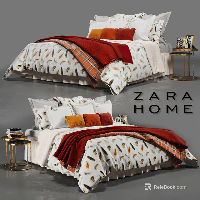 ZARA HOME Double Bed With Feather Pattern Linen Red Blanket Orange Cushions And Bedside Tables 3d model 