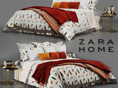 ZARA HOME Double Bed With Feather Pattern Linen Red Blanket Orange Cushions And Bedside Tables 3d model