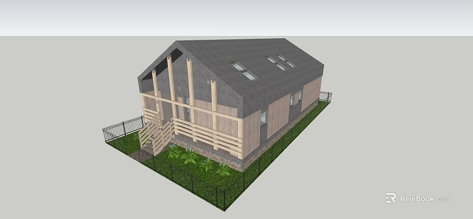 Wooden Exterior Detached Villa With Gray Roof Skylights Porch Fence And Green Grass 3d model 
