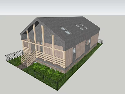 Wooden Exterior Detached Villa With Gray Roof Skylights Porch Fence And Green Grass 3d model