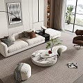 Modern Sofa and Coffee Table Set with Pillows Round Marble Table Striped Rug Green Plant