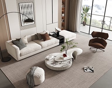 Modern Home Living Room Sofa Coffee Table Combination Fabric Sofa Coffee Table Pillow Leisure Chair Single Sofa Carpet 3d model