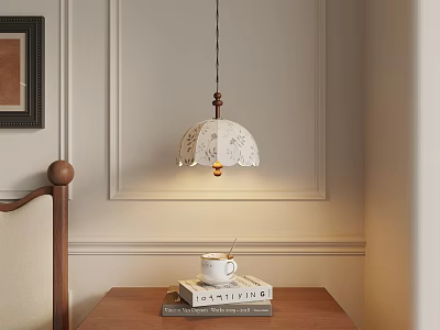 Cozy Room Corner With Lace Lampshade Wooden Table Book And White Cup 3d model