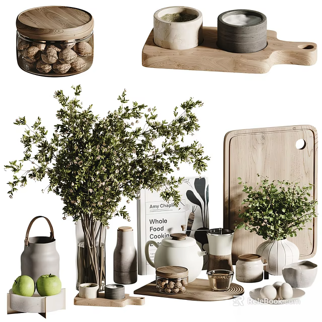 Stylish Decorative Ornament Set with Green Plants Wooden Tray Ceramic Jars and Glass Containers 3d model 