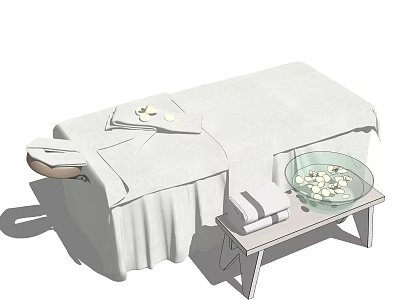 White Massage Bed with Linen Sheet Side Table Transparent Bowl with Petals and Folded Towels 3d model