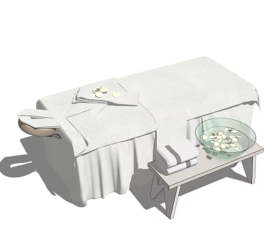 White Massage Bed with Linen Sheet Side Table Transparent Bowl with Petals and Folded Towels 3d model