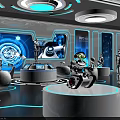 Futuristic Tech Display Featuring Robots On Circular Platforms Blue Screens And Glowing Lines 3d model