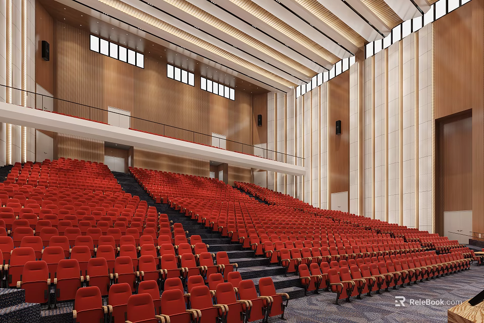 Spacious Auditorium Interior With Red Seats Two Levels And Wooden Walls 3d model 