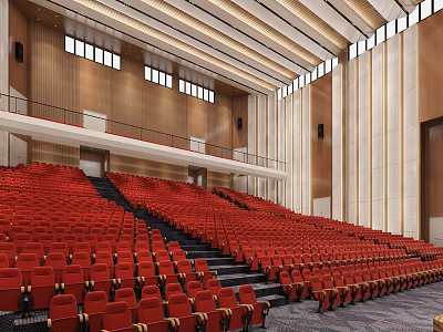 Spacious Auditorium Interior With Red Seats Two Levels And Wooden Walls 3d model