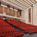 Spacious Auditorium Interior With Red Seats Two Levels And Wooden Walls
