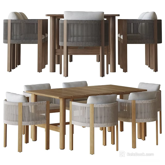 Modern Wooden Dining Table Set With Six Woven Rattan Chairs 3d model 