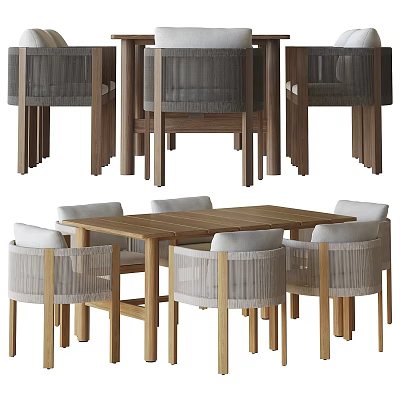 Modern Wooden Dining Table Set With Six Woven Rattan Chairs 3d model