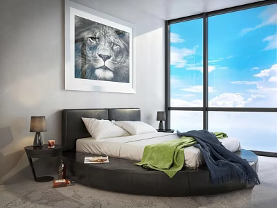 Round Double Bed In Modern Bedroom With Large Windows Blue Sky Lion Painting And Nightstand 3d model