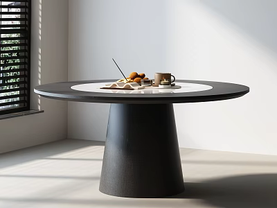 Round Dining Table With Black Conical Base White Top And Mug Pastries In Bright Room 3d model