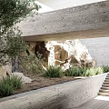 Rockery Stones In Modern Courtyard With Wooden Walkway Steps Greenery And Swimming Pool