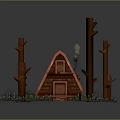 Wooden House with Green Mossy Roof Surrounded by Tree Trunks and Small Front Steps