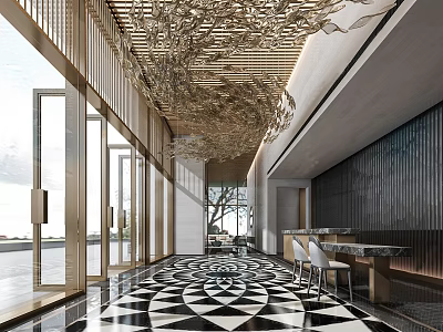 Modern Hotel Lobby With Golden Decorative Chandelier And Black White Geometric Floor Tiles 3d model