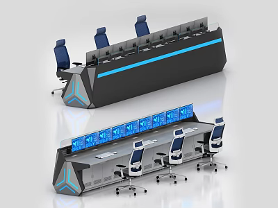 Modern Command Workstation Desk Featuring Multiple Blue Lit Screens Ergonomic Blue Chairs And Geometric Details 3d model