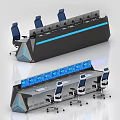 Modern Command Workstation Desk Featuring Multiple Blue Lit Screens Ergonomic Blue Chairs And Geometric Details