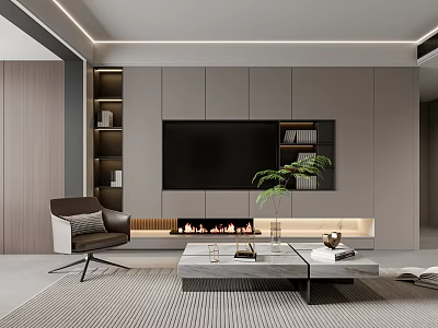 Modern Gray Living Room With Built in TV Bookshelves Fireplace Armchair Coffee Table Green Plant 3d model