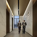 Modern Elevator Corridor With Marble Walls Wooden Ceiling And Businessmen