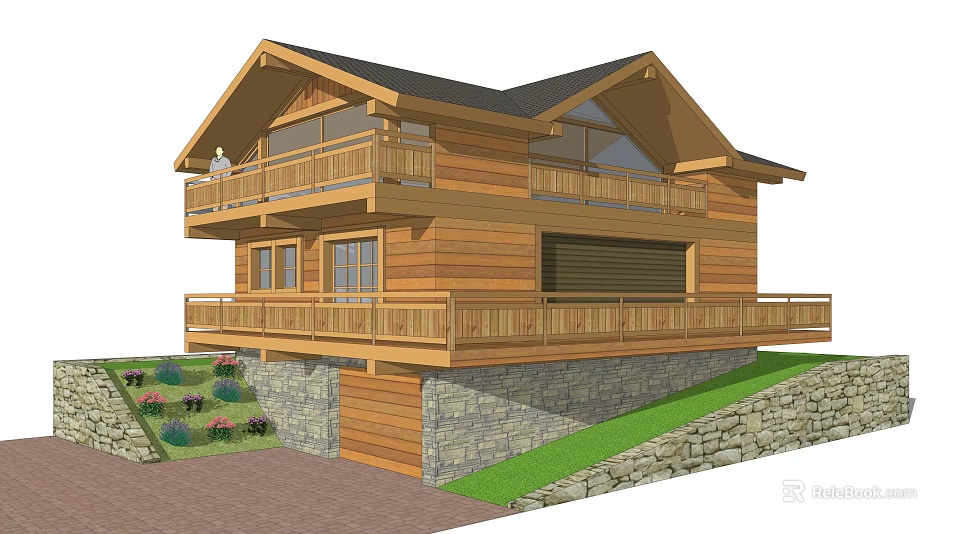 Wooden Log House Exterior With Two Story Balconies Stone Wall Sloped Lawn And Garage 3d model 