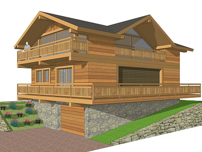 Wooden Log House Exterior With Two Story Balconies Stone Wall Sloped Lawn And Garage 3d model