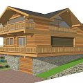 Wooden Log House Exterior With Two Story Balconies Stone Wall Sloped Lawn And Garage