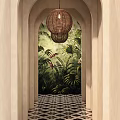 Elevator Hallway With Tropical Plant Mural And Pendant Light