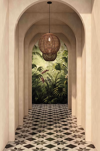 Elevator Hallway With Tropical Plant Mural And Pendant Light 3d model