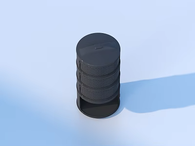 Black Cylindrical Kitchenware With Multi Layer Mesh Structure And Base Tray On Light Blue Background 3d model