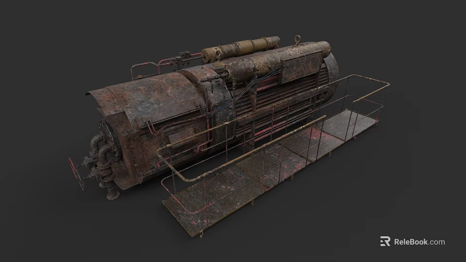 Rusted Industrial Equipment Large Cylindrical Tank With Pipes And Metal Rail Platform 3d model 